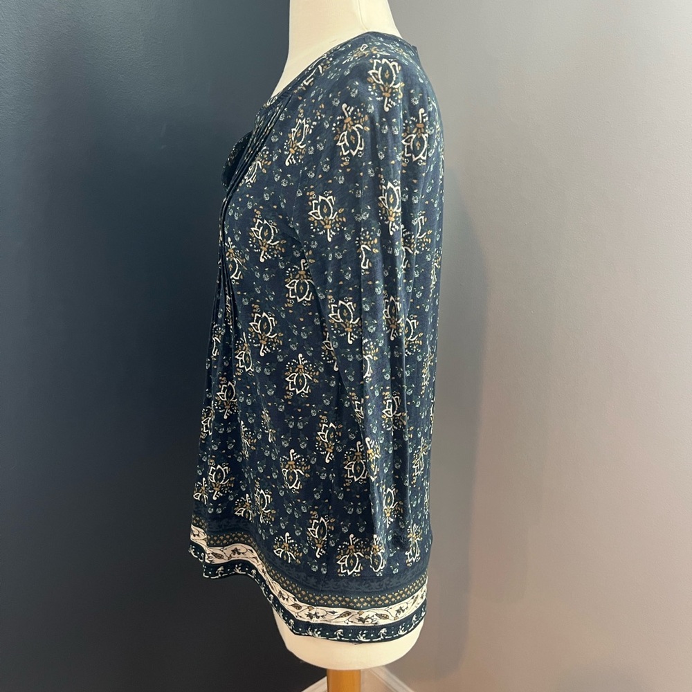 Lucky Brand Navy Blue Floral Boho Peasant Top 3/4 Sleeve Blouse - Picture 7 of 11